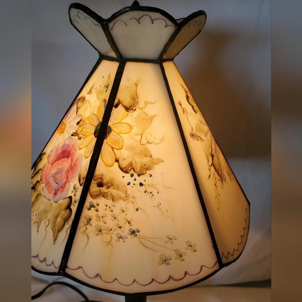 Dennis East International Vtg 2002 Floral Table Lamp Painted Shade Tiffany Style